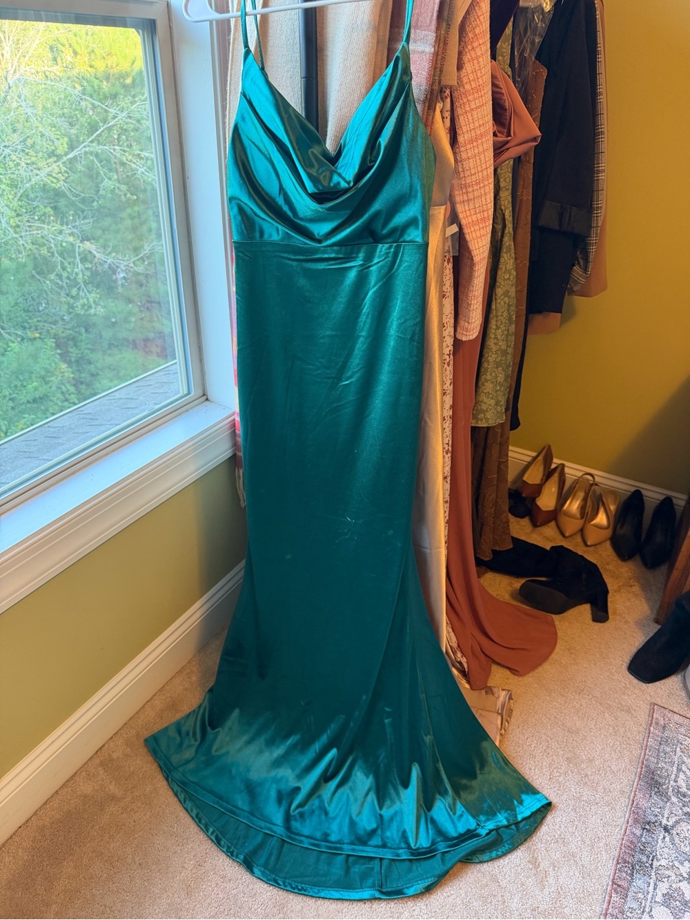 Hello Molly Teal Satin Cowl Slip Dress